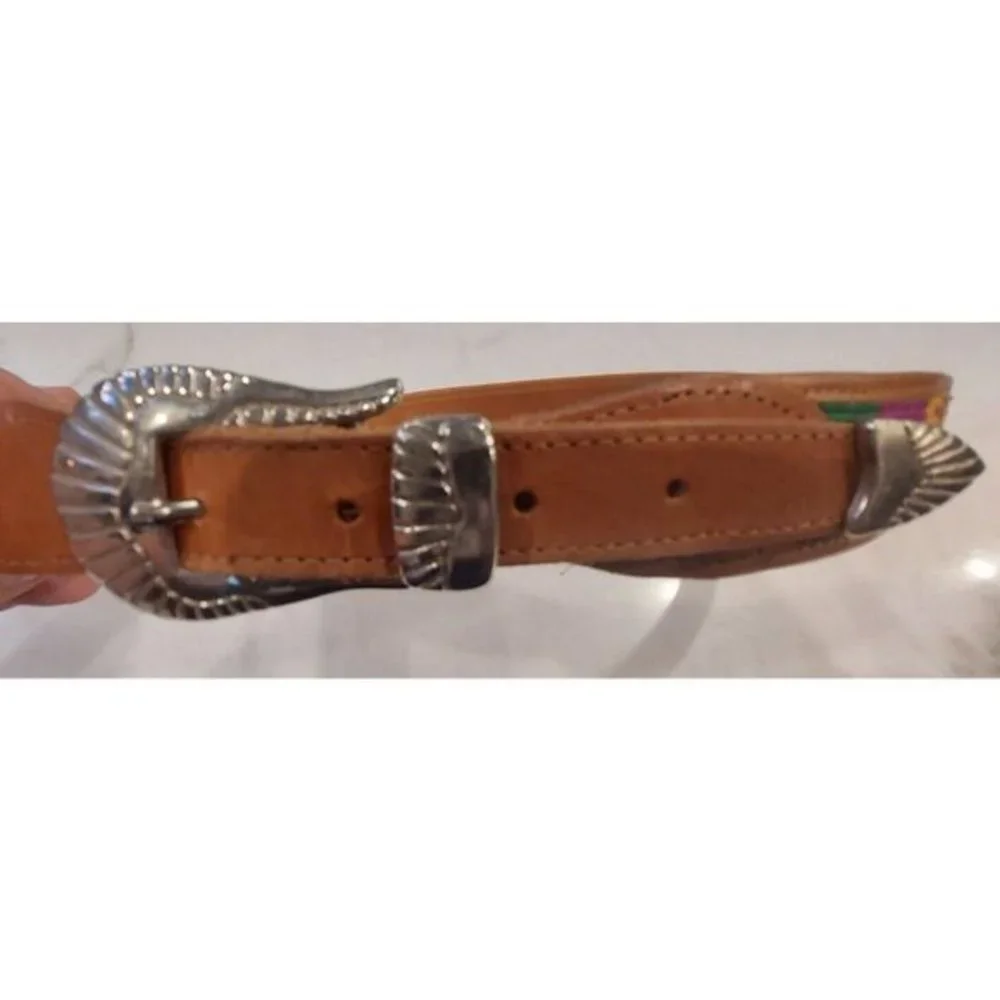 Vintage Leather Multicolor Hand Woven Weave Aztec Boho Belt 30